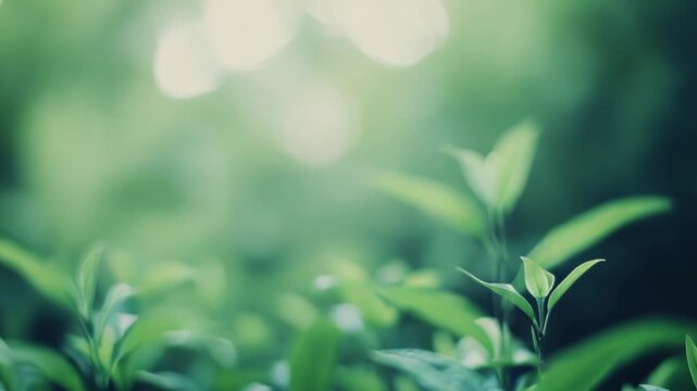 Small green leaves on flourishing saplings reaching towards the light, creating a serene and natural background texture symbolizing growth, ecology, and environmental freshness
