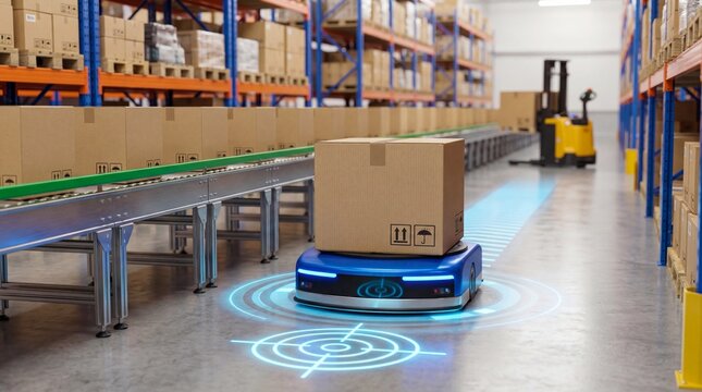 Autonomous Mobile Robot (AMR) Transporting Package in Smart Warehouse - Automated Logistics Concept
