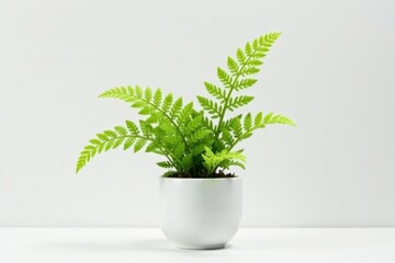 Single, delicate fern frond in minimalist pot, white background, background, plant lover, home decor