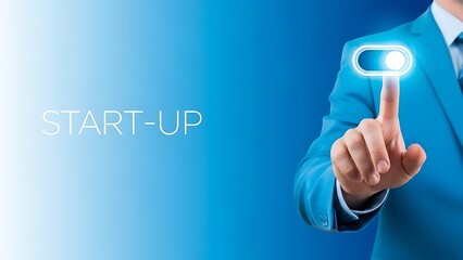 A businessman in a blue suit interacting with a glowing switch on a blue background influencers content Creator concept