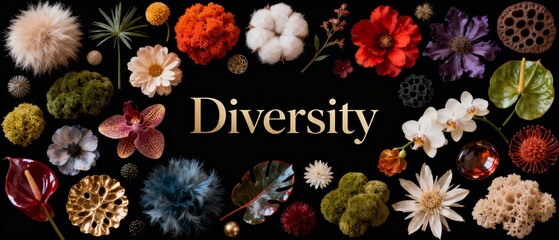 Wide banner with assorted flowers and decorative plants arranged artistically on a black background with a 'Diversity' sign   