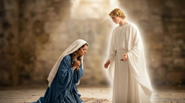 Young man angel blessing woman in ancient dress, biblical annunciation scene illustration