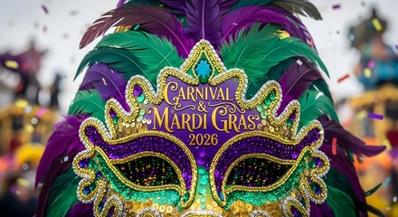 Carnival and mardi gras 2026 festive mask with feathers and sequins