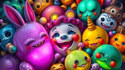 Fototapeta premium A vibrant Surreal Silliness scene featuring cartoon characters, emojis, and playful creatures in a whimsical environment as seen in gh (10).jpg