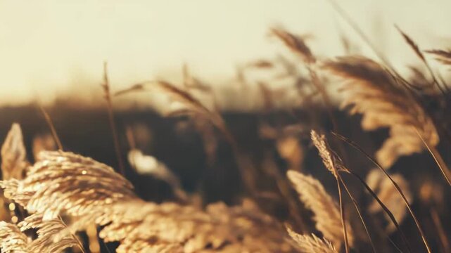 Golden common reed plants standing tall and swaying gently in the wind, illuminated by the soft backlight of the setting sun, creating a warm, peaceful, and natural autumn background