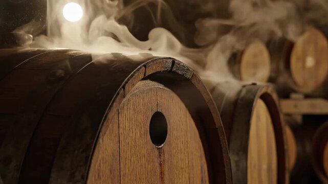 Subtle vapor or smoke gently rising from the top bung hole of a traditional wooden wine cask emphasizing the aging and maturation process traditional, storage, mood