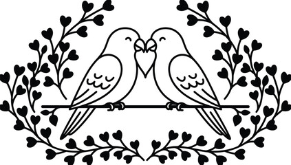 Two lovebirds perched on a branch with heart-shaped leaves forming a decorative frame