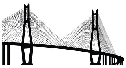 A striking black silhouette of a cable stayed bridge with a curved deck and towering support structures silhouette high quality professional detailed © rabbivay