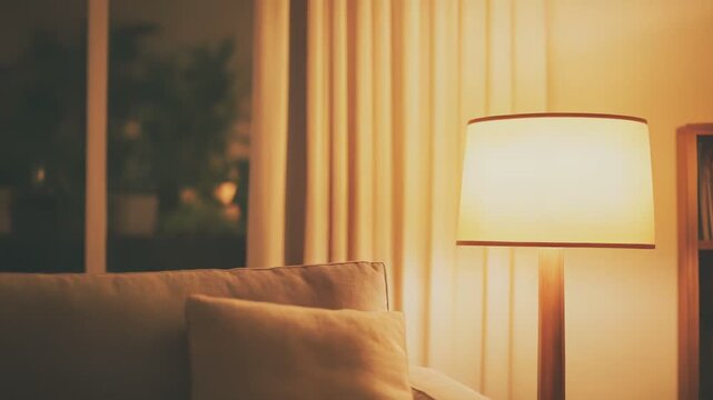 Cozy living room interior providing a comfortable and tranquil atmosphere with soft warm lamp light illuminating the sofa and a cushion during an evening at home