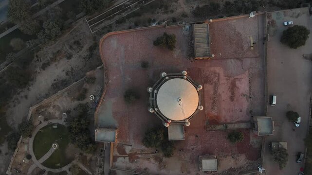Aerial view of the Tomb Shah Rukn-e-Alam with its octagonal shape and contrasting light and shadow, Multan, Punjab, Pakistan.
