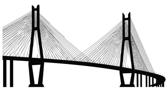 A striking black silhouette of a cable stayed bridge with a curved deck and towering support structures silhouette high quality professional detailed
