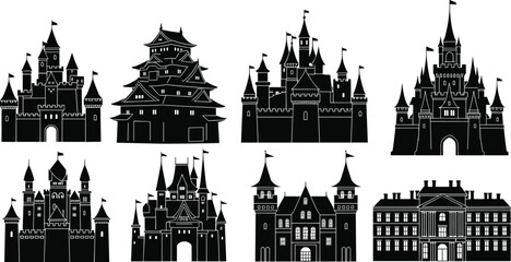 Castle silhouettes, fantasy architecture, medieval fortress, turret design, historic structure, royal palace, Japanese castle, black vector, fairytale icon, gothic towers © Saiful Islam