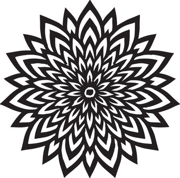 Radial black and white flower pattern with abstract geometric, intricate sharp circular motif vector.