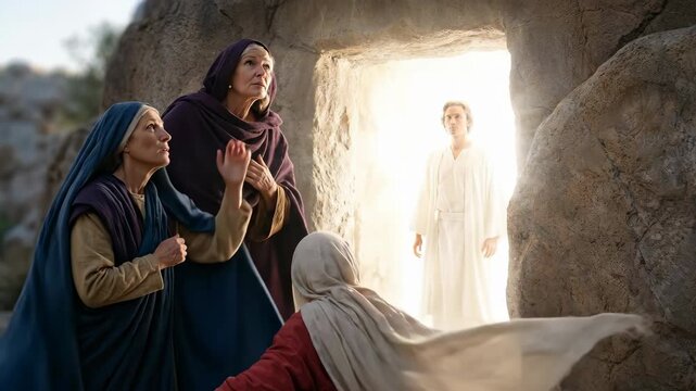 Women witnessing an angel at the empty tomb with bright light during the biblical resurrection narrative for religious content