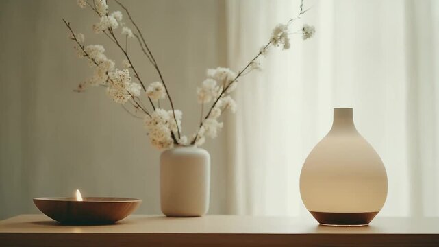 Essential oil diffuser on a wooden table diffusing soothing light, accompanied by delicate white flowers in a minimalist vase and a lit candle, creating a peaceful and relaxing atmosphere
