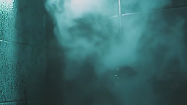 Ethereal steam or fog rising and flowing across a wet, teal toned concrete block wall, creating a mysterious and atmospheric visual effect with subtle light reflections