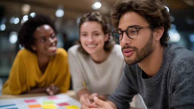 A diverse group of colleagues gathered around a table, collaborating energetically on a project, with colorful sticky notes and charts scattered around to illustrate their brainstorming process.