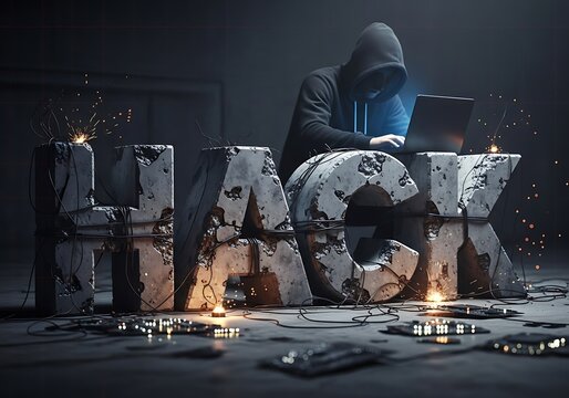 Hacker in hoodie works on laptop amidst shattered screens and sparks flying around the word MAC