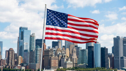 Large American flag waving in the wind against a blurred modern city skyline and blue sky background symbolizing patriotism, freedom, and national pride.