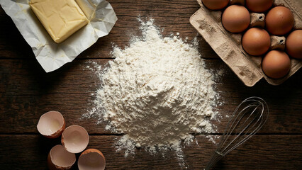 Top view of baking ingredients with flour eggs and butter on dark wood