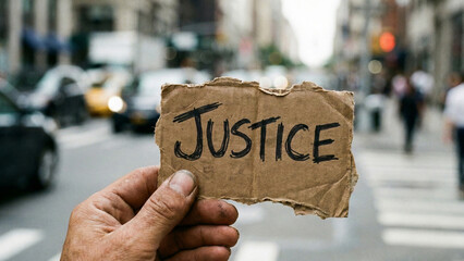 Hand holding a piece of cardboard with the word Justice written on it inside a blurred courtroom background symbolizing the legal system, civil rights, and the demand for truth.