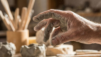 Close-up of dirty potter's hand covered in dry clay in art studio