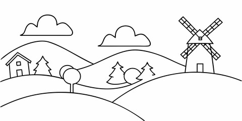 Simple line drawing of a rural landscape with a windmill and house