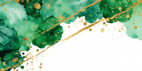 Abstract background with green paint stains. Gold spots. Watercolor paint stains and streaks.