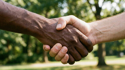 Close-up of diverse handshake between two men outdoors symbolizing partnership