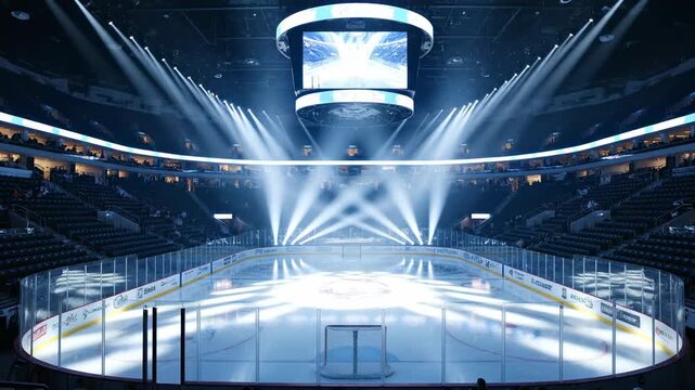 Sweeping cinematic wide shot of an empty hockey arena ice surface bathed in dramatic blue and white celebratory light beams and spotlights after the final buzzer blue, shot, excitement