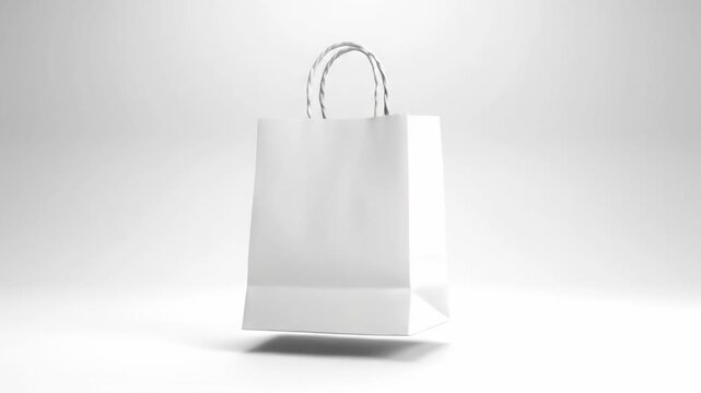 Seamlessly looping motion graphic animation of a flawless blank white paper shopping bag gently spinning and floating against a clean white background minimal, cycle, seamlessly