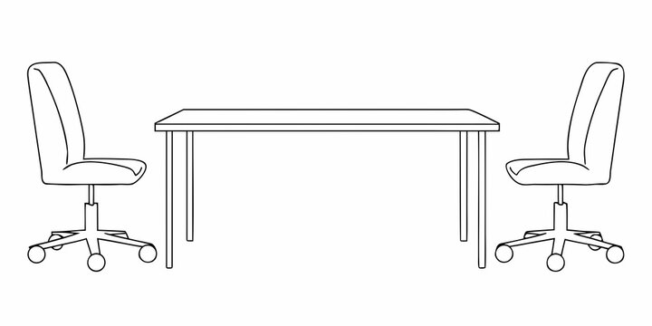 Simple line drawing of a desk with two office chairs facing each other