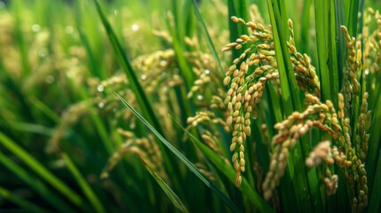 Fototapeta premium Lush Green Rice Field with Ripening Grain Heads in a Vibrant Agricultural Landscape Under Soft Natural Light