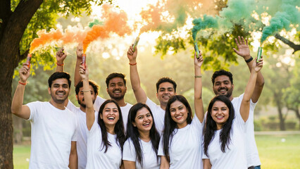 Group of happy young Indian friends wearing white t-shirts holding saffron and green smoke bombs celebrating Independence Day in a park symbolizing patriotism and unity.