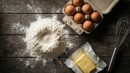 Baking ingredients flat lay with flour eggs and butter on rustic wood