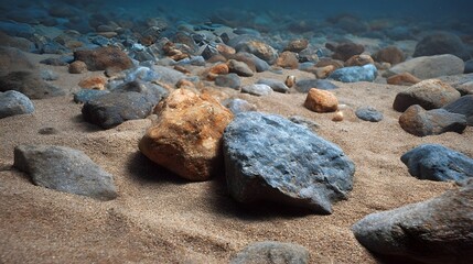 Obraz premium Underwater view of colorful textured rocks of various sizes scattered across a sandy seabed illuminated by natural light filtering from the surface