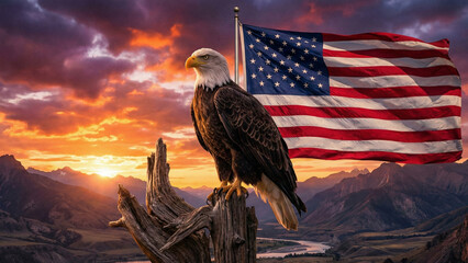 Majestic bald eagle perched on tree stump with American flag at sunset
