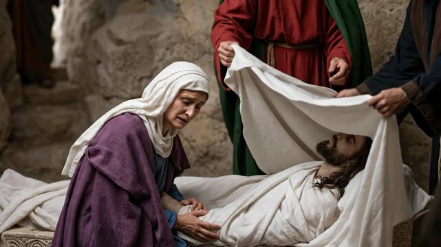Woman mourns over sacred body of a man in a burial preparation scene. Religious reenactment of a mans death and sorrow.