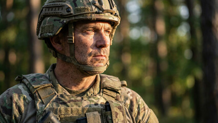 Portrait of serious soldier in tactical camouflage gear in forest at sunset