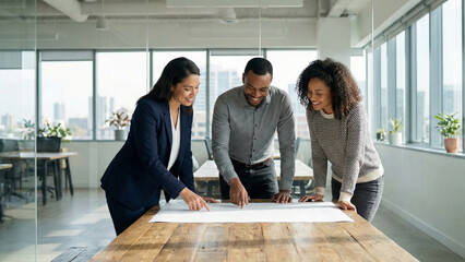 Diverse business team collaborating on project plan in modern office