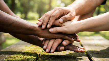 Close-up of diverse hands stacked together outdoors symbolizing unity