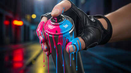 Close-up of hand holding dripping spray paint can on city street at night