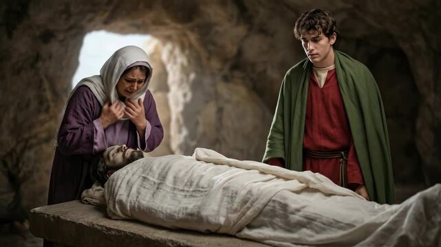 Woman and man preparing body for burial in a cave. Biblical funeral scene for religious and historical illustrations, new testament.