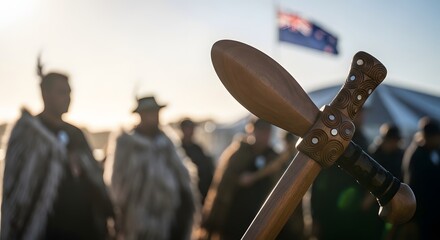 Obraz premium Maori warrior holding traditional wooden taiaha with flag in background