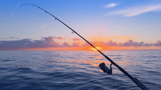 Offshore bottom fishing at sunset from boat with rod over calm sea