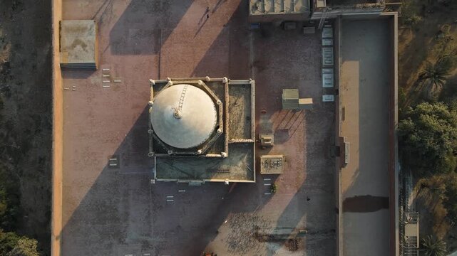 Aerial view of the Shrine of Bahauddin Zakariya, its architecture standing majestically against the landscape, Multan, Punjab, Pakistan.