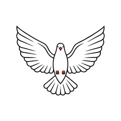 Obraz premium A simple line drawing of a white dove in flight with outstretched wings and red eyes on a plain white background.