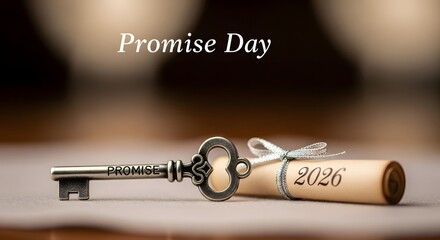 Vintage key with promise text next to scroll with 2026 for promise day