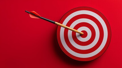 Arrow perfectly hitting the center of a red and white target on a bold red background.