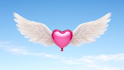 Obraz premium Pink heart shaped balloon with white angel wings floating against a clear blue sky background